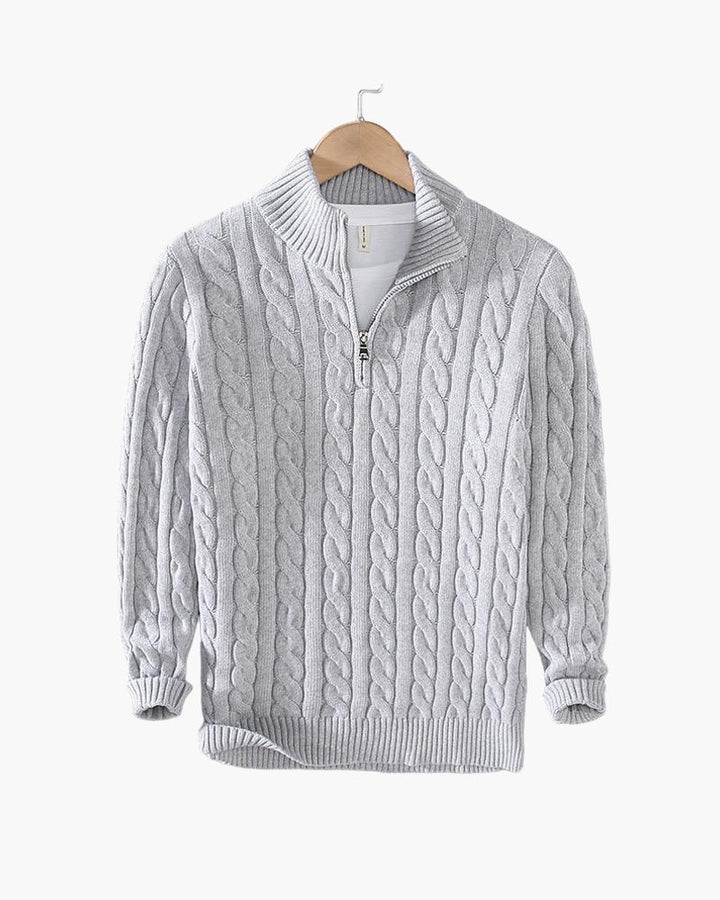 Men's cable knit quarter zip sweater with stand collar