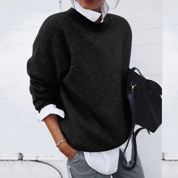 Women's plain knit jumper with crew neck and long sleeves