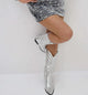 Women's metallic cowboy boots with pointed toes and embroidered shaft detail