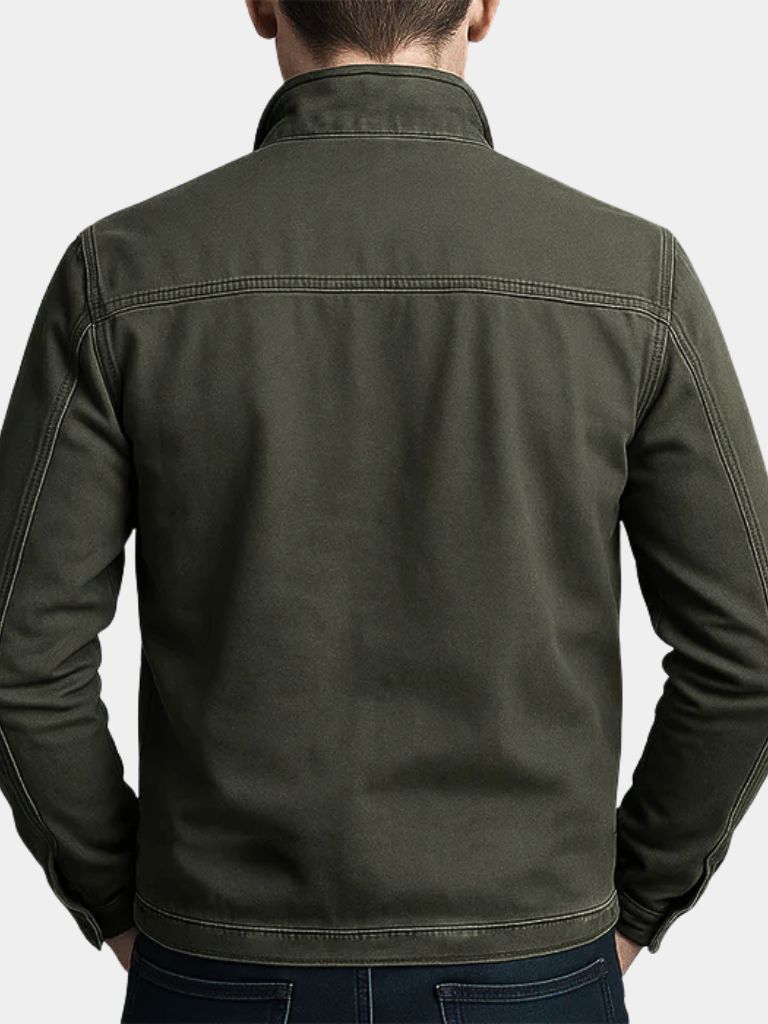 Men's olive field jacket with high collar and zip pockets