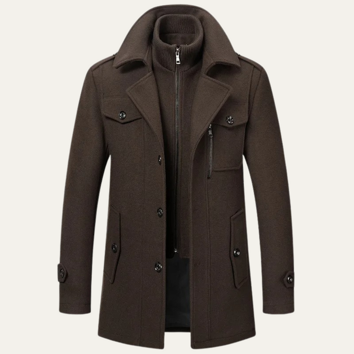 Men's long structured coat with high collar, zip front, buttons and multiple pockets