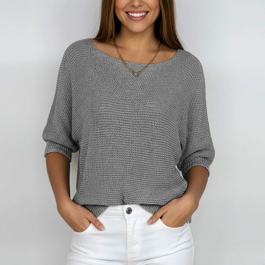 Women's textured knit jumper with wide crew neck and three quarter sleeves