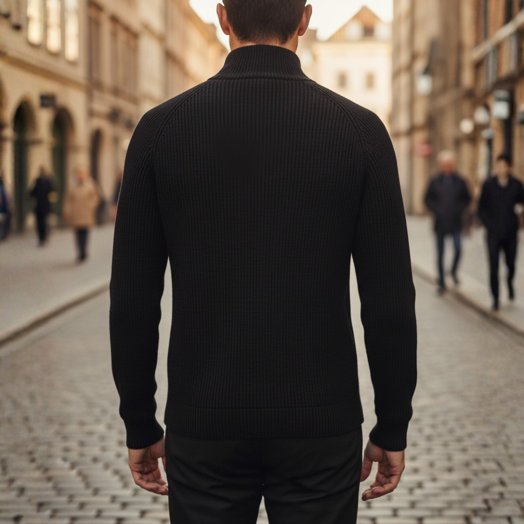 Men's ribbed cardigan with stand collar and full front zip