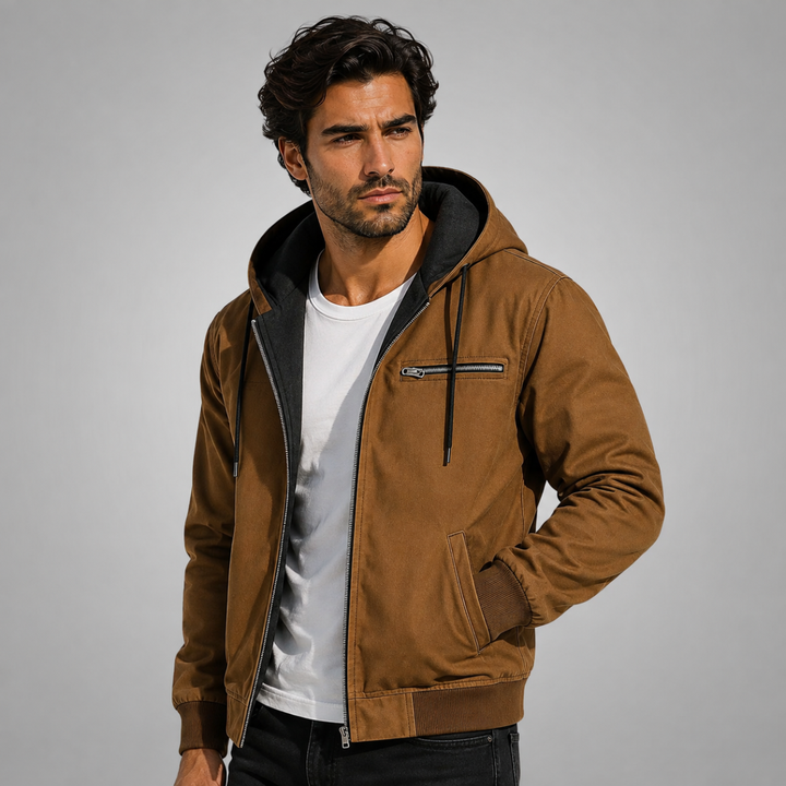 Men's hooded utility jacket with zip fastening, chest pocket and ribbed trims