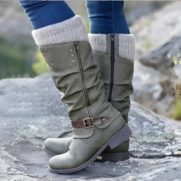 Women's slouch knee-high boots with ribbed cuffs, side zips and buckle straps