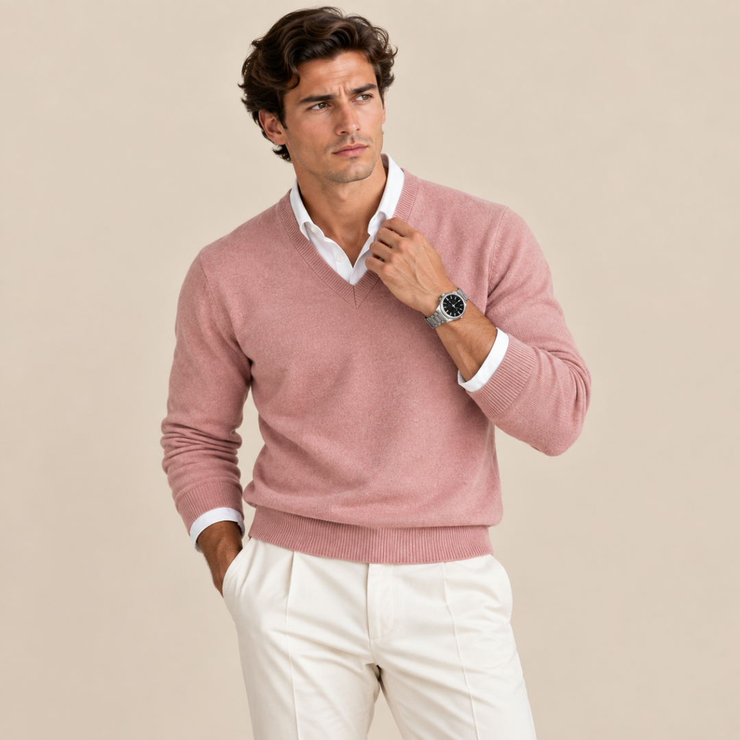 Men's V-neck sweater with long sleeves and ribbed trims
