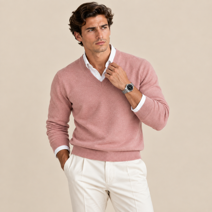 Men's V-neck sweater with long sleeves and ribbed trims