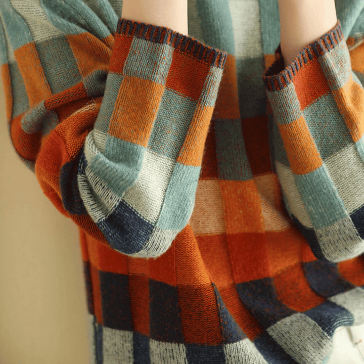 Women's multicoloured checkered patchwork turtleneck jumper with long sleeves