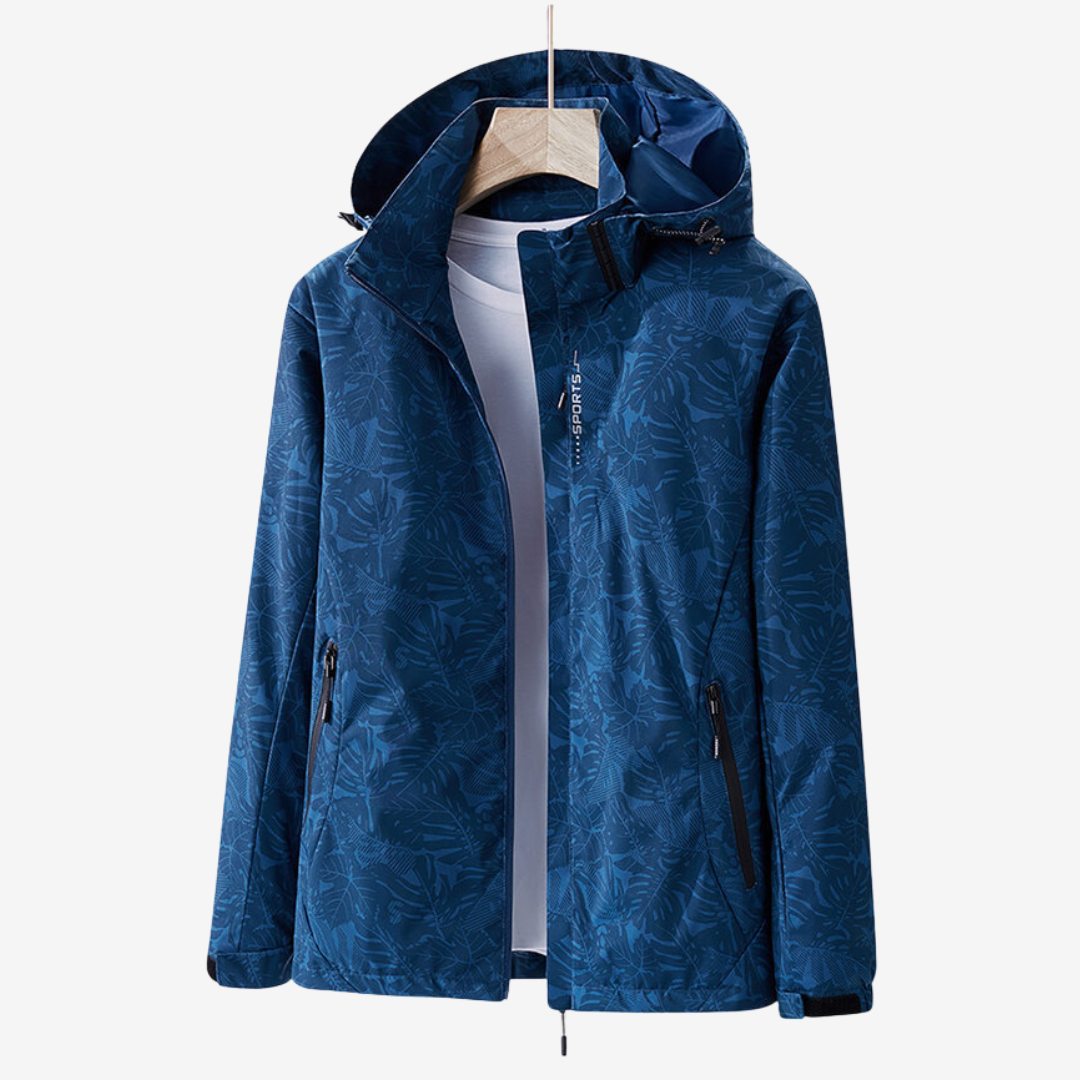 Women's hooded leaf print windbreaker jacket with zipped pockets