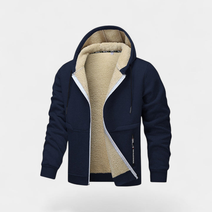 Men's hooded zip jacket with contrast sherpa-style lining and front pockets