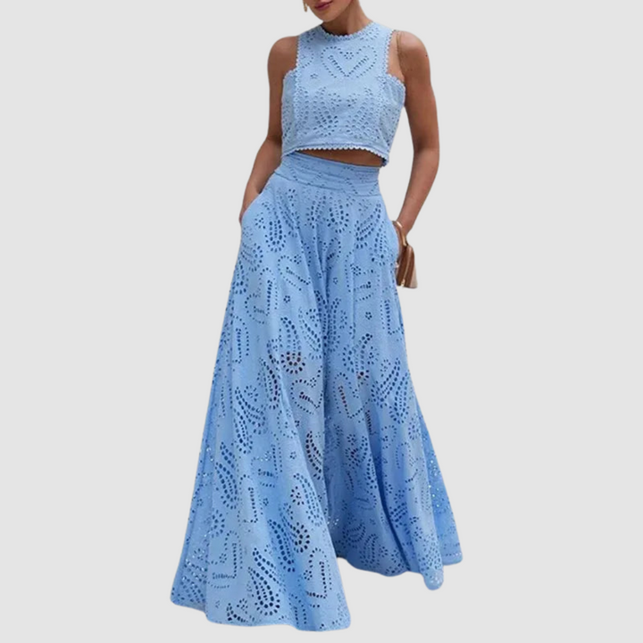 Women's Two-Piece Set — Crop Top & Eyelet Maxi Skirt, Summer