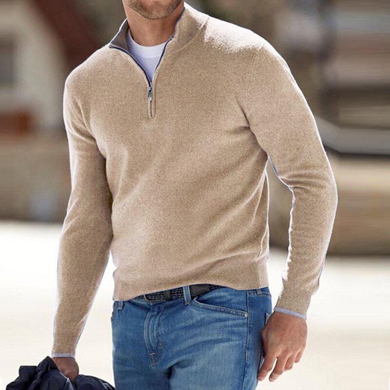 Men's plain quarter zip jumper with mock neck and long sleeves