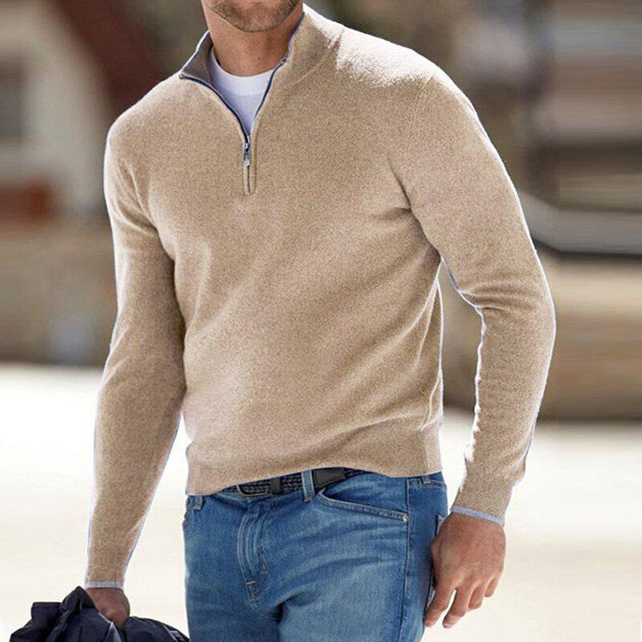 Men's plain quarter zip jumper with mock neck and long sleeves
