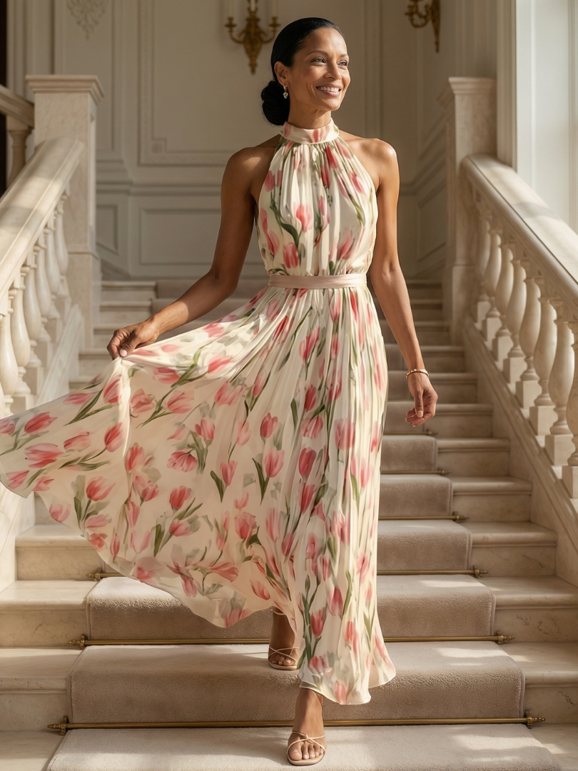 Aurelle | Halter Neck Floral Midi Dress for Women - Image 5