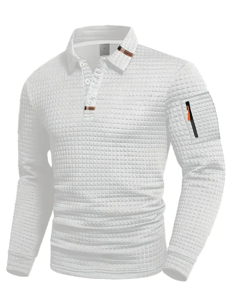 Men's long-sleeve quilted polo jumper with button placket and sleeve zip pocket