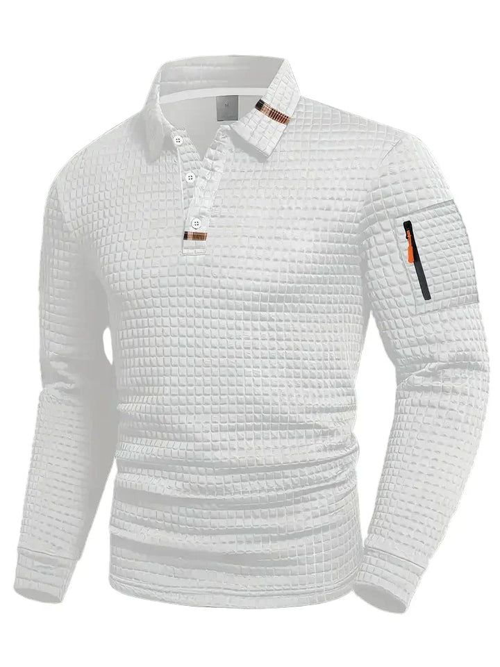 Men's long-sleeve quilted polo jumper with button placket and sleeve zip pocket