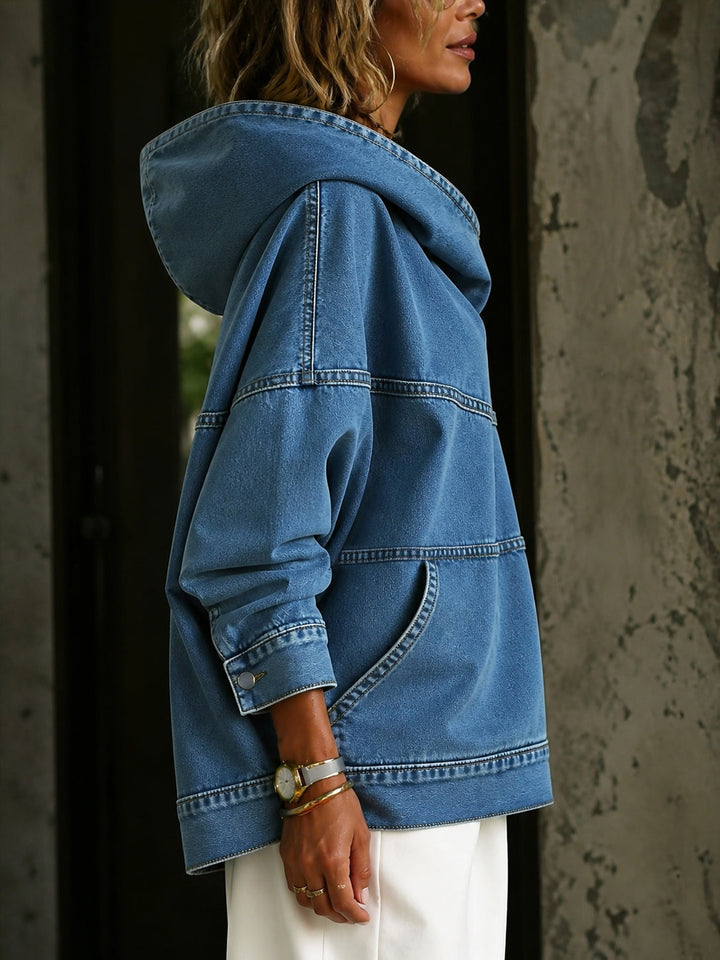 Women's blue hooded sweatshirt with long sleeves, seam detailing and front pouch pocket