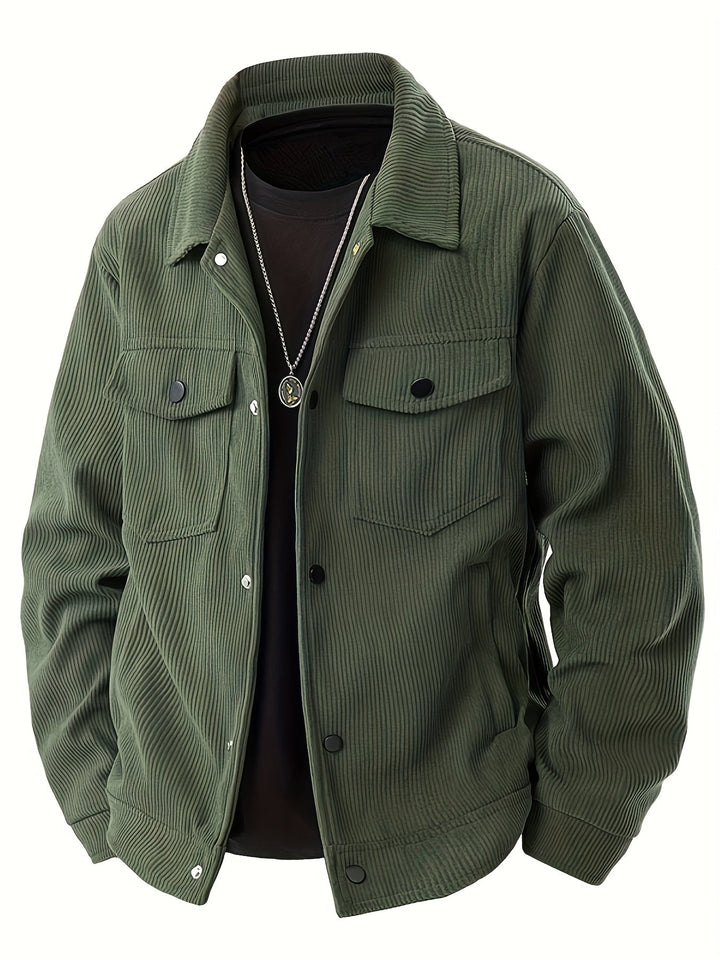 Men's corduroy utility jacket with pointed collar, button fastening and multiple pockets