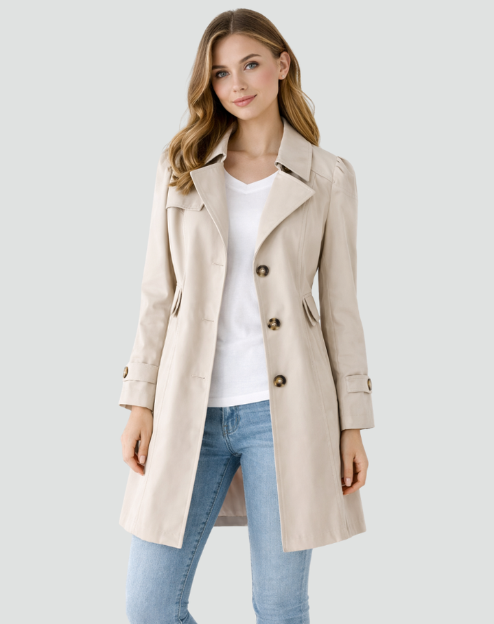 Women's knee-length trench coat with notched lapels, long sleeves and button front