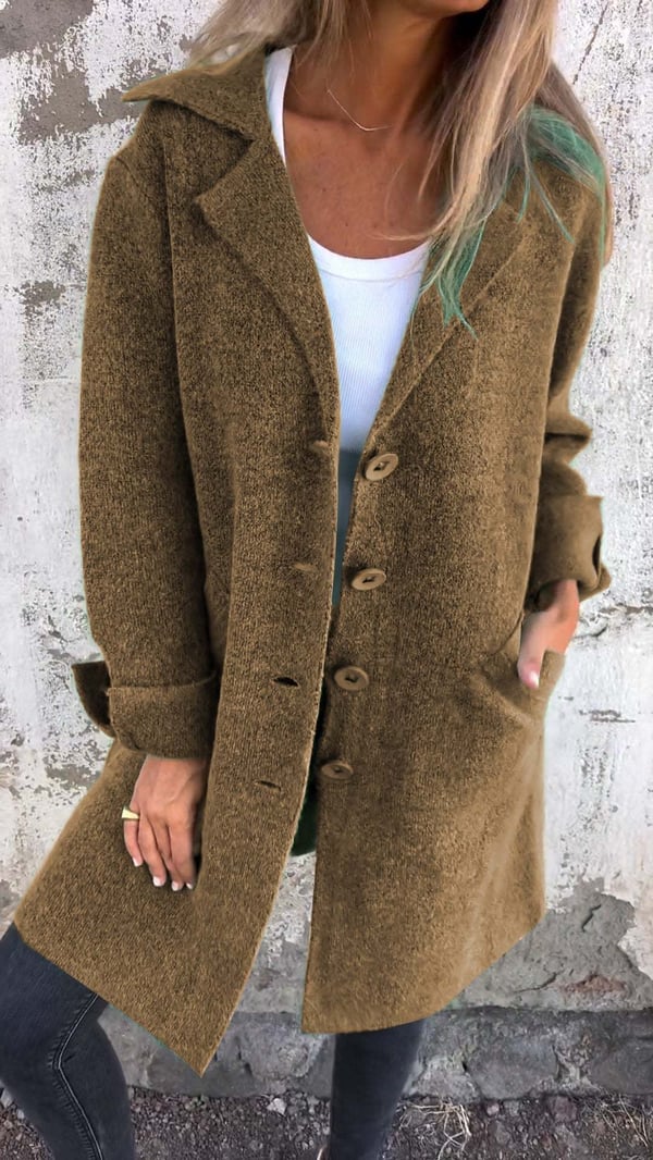 Women's long button-front coat with notched lapels and patch pockets