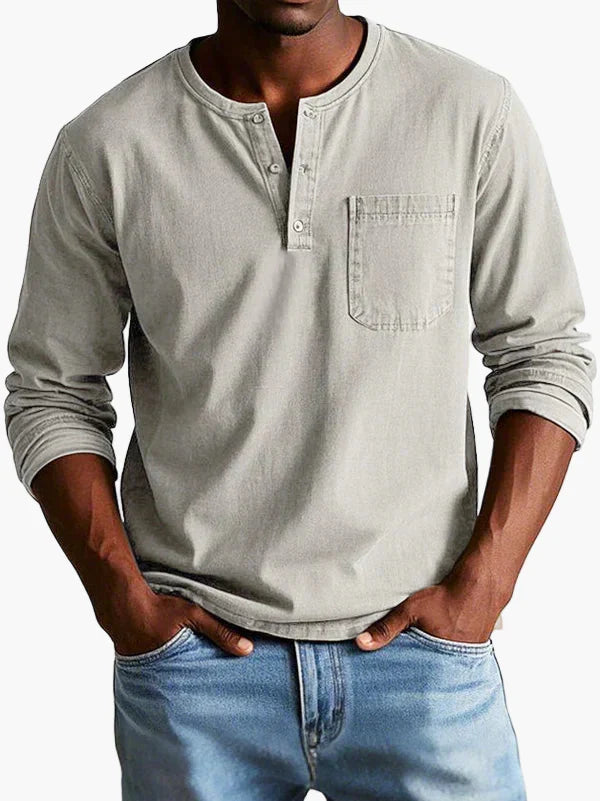 Men's plain grandad shirt with mandarin collar, buttons and chest pocket