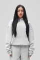 Women's grey pullover hoodie with hood, long sleeves and kangaroo pocket