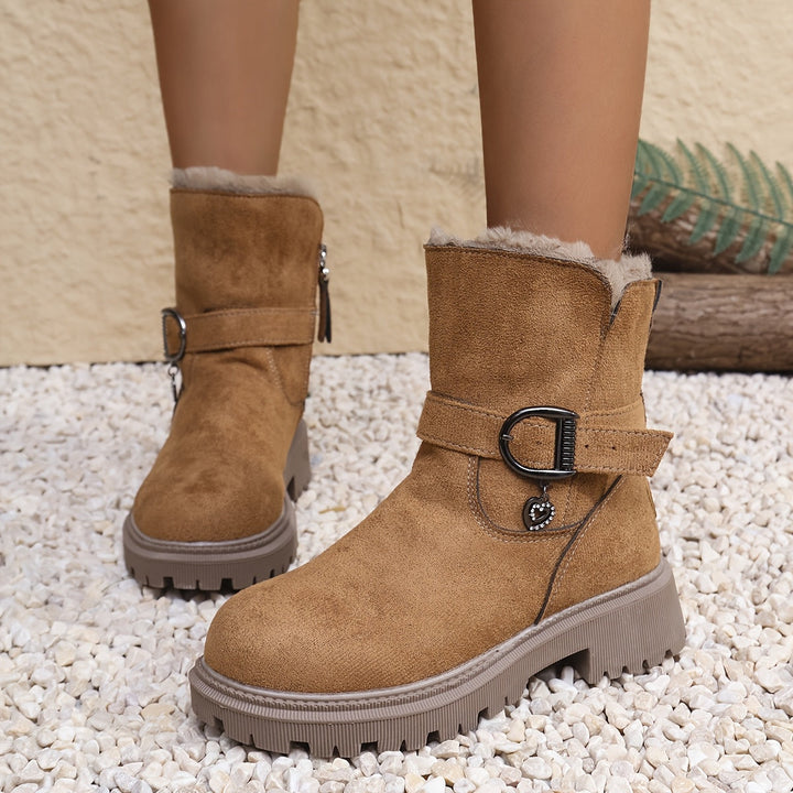 Women's brown winter ankle boots with fur collar, buckle strap and heart charm