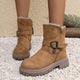 Women's brown winter ankle boots with fur collar, buckle strap and heart charm
