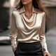 Women's V-Neck Short-Sleeve Blouse - Satin Sheen, Floral Print, Relaxed Fit