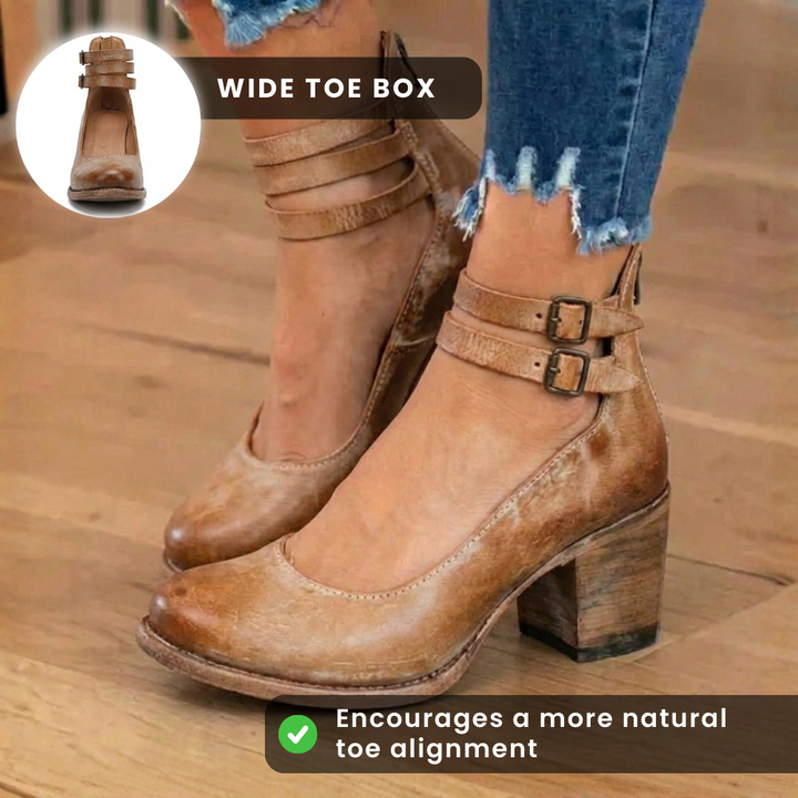 Women's ankle boots with double buckle straps and block heels
