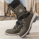 Women's lace-up snow boots with buckle straps and treaded soles