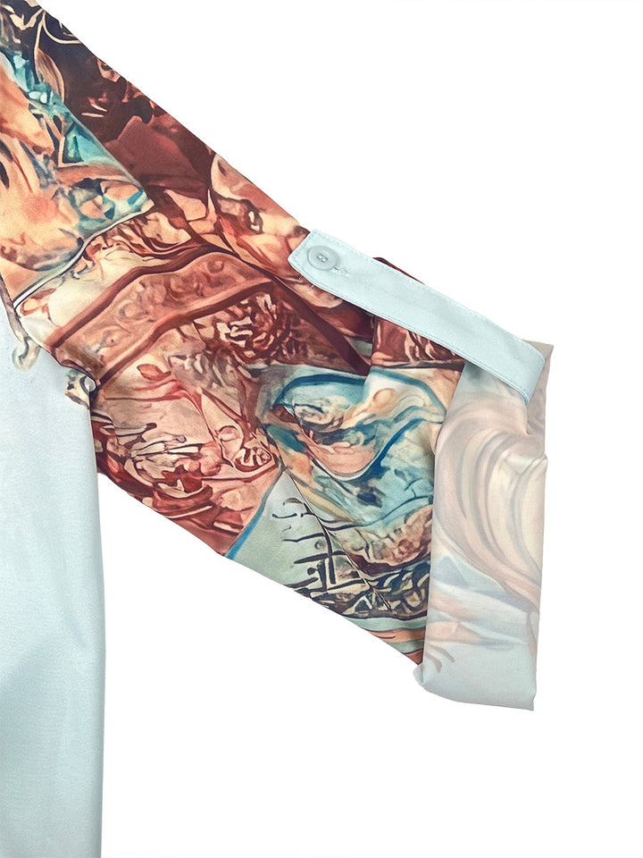 Women's blue abstract printed long-sleeve shirt maxi dress
