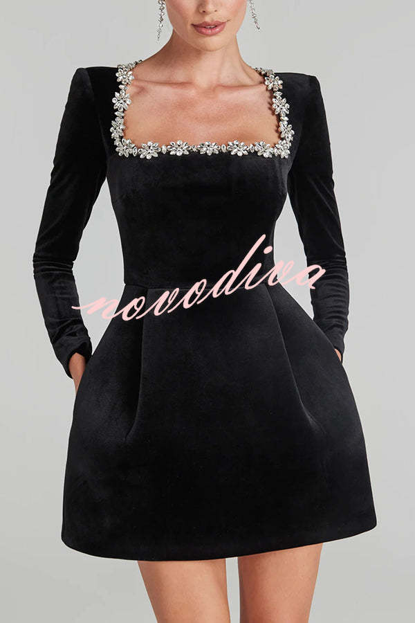 Women's velvet mini dress with square neckline and jewel trim