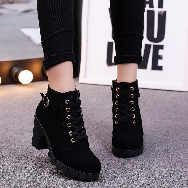 Women's lace-up heeled ankle boots with buckle straps