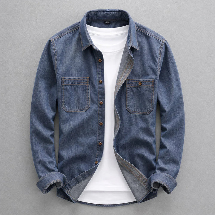 Men's long-sleeve denim shirt with pointed collar, button front and two chest pockets