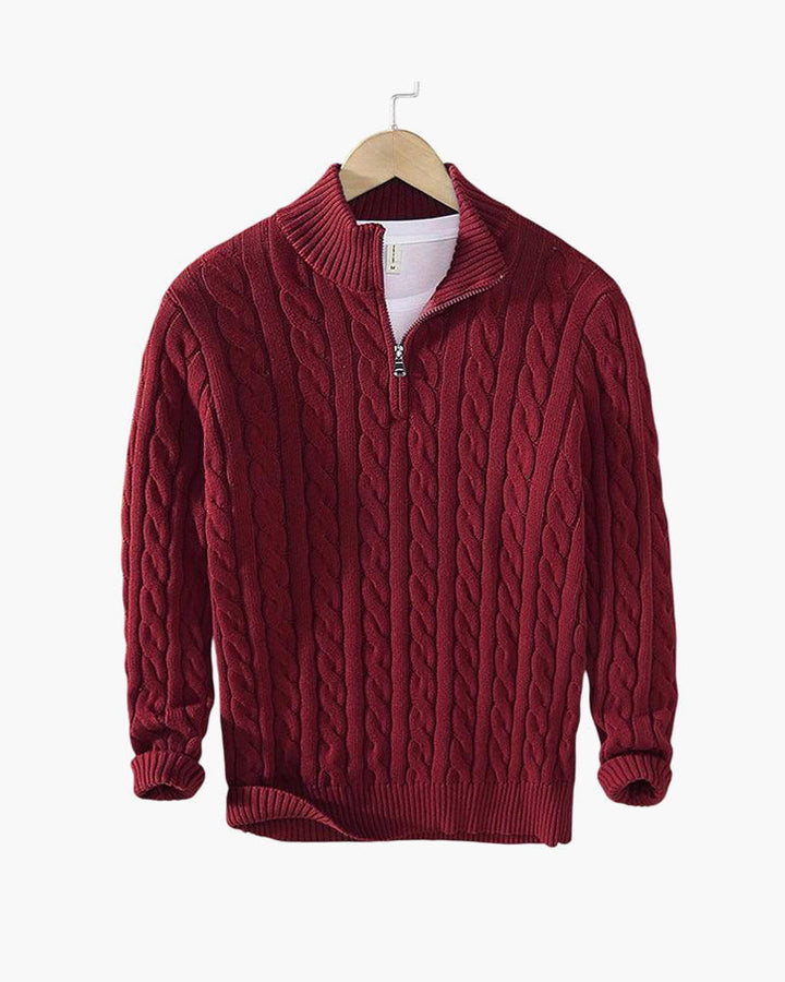 Men's cable knit quarter zip sweater with stand collar