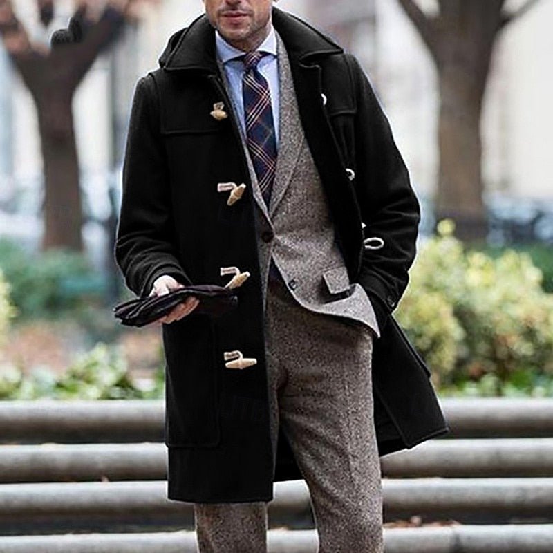 Men's hooded toggle trench coat with broad collar and multiple front pockets