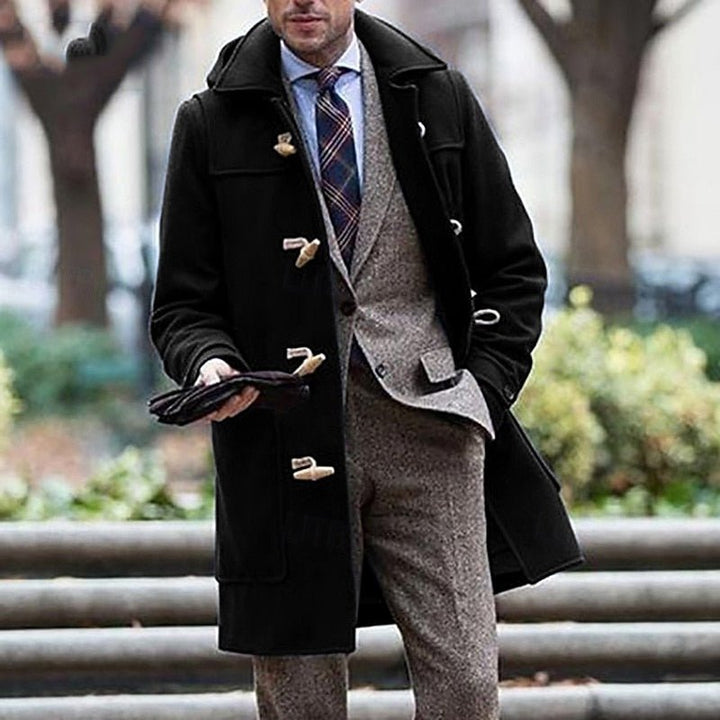Men's hooded toggle trench coat with broad collar and multiple front pockets