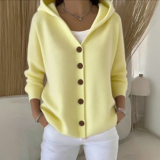 Women's hooded knit cardigan with button front, long sleeves and pockets