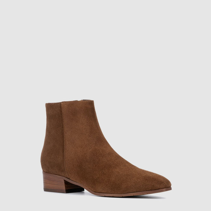 Women's brown suede-like ankle boot with round toe and low block heel