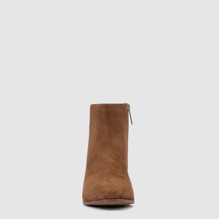 Women's brown suede-like ankle boot with round toe and low block heel