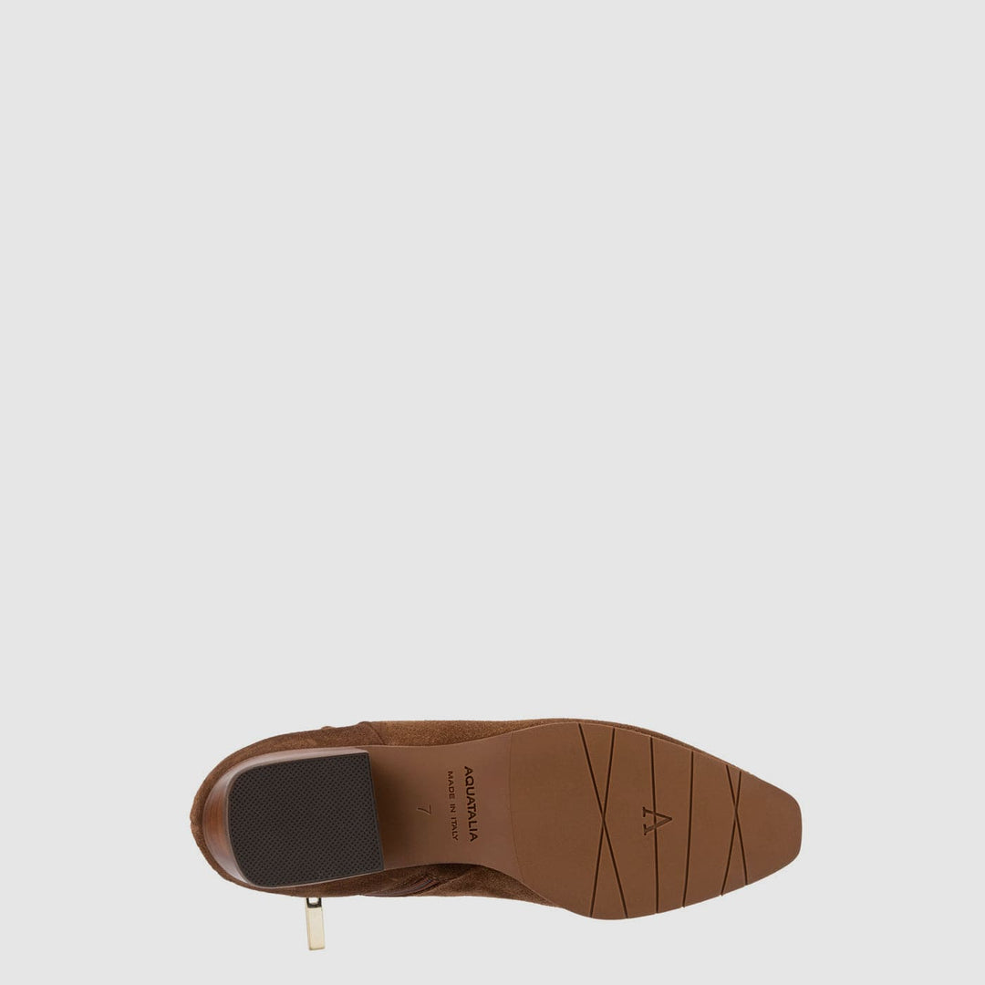 Women's brown suede-like ankle boot with round toe and low block heel