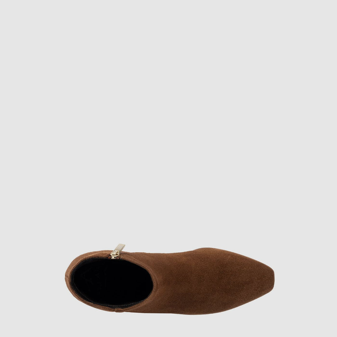 Women's brown suede-like ankle boot with round toe and low block heel