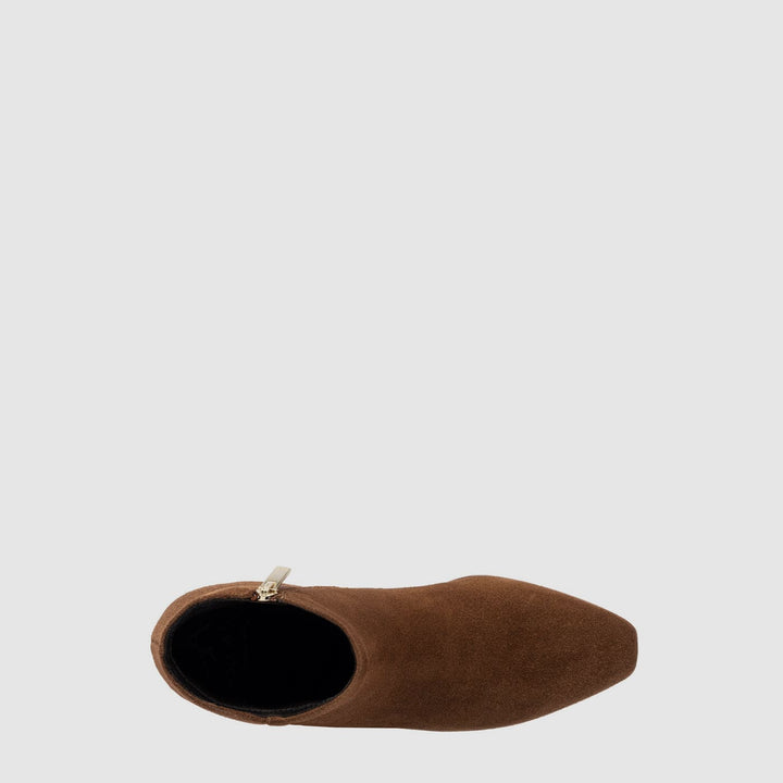 Women's brown suede-like ankle boot with round toe and low block heel