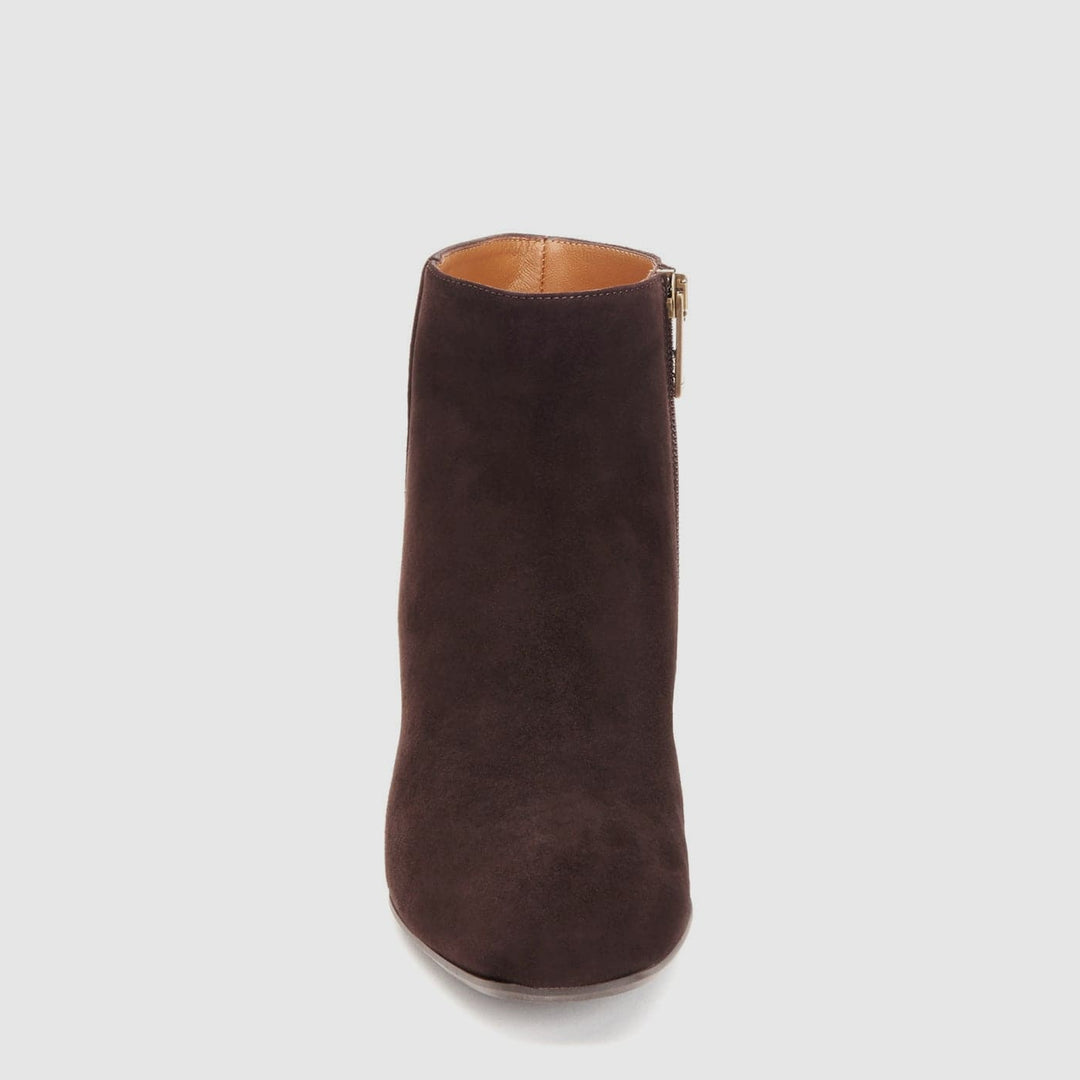 Women's brown ankle boots with pointed toes and low block heels