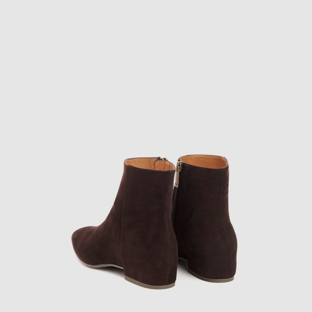 Women's brown ankle boots with pointed toes and low block heels