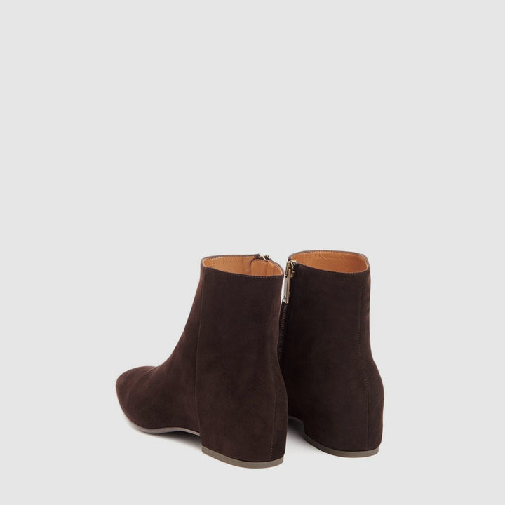 Women's brown ankle boots with pointed toes and low block heels