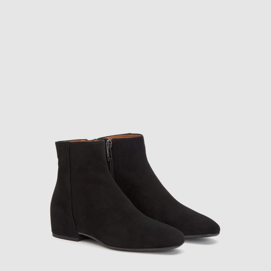 Women's black suede ankle boots with round toes, low heels and side zips