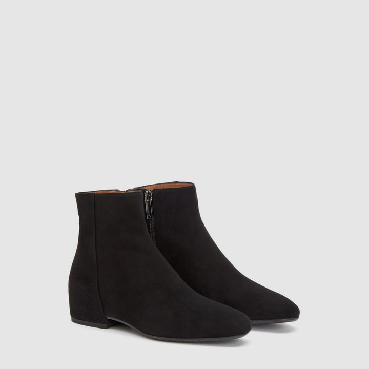Women's black suede ankle boots with round toes, low heels and side zips
