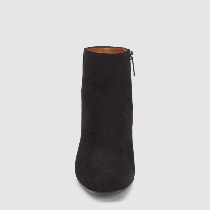 Women's black suede ankle boots with round toes, low heels and side zips